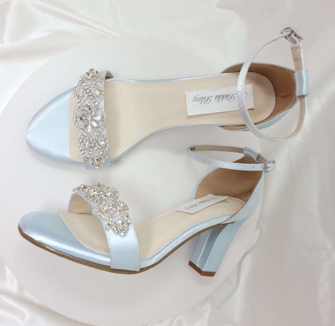 Baby Blue Wedding Shoes Crystal Applique Design Chunky Heels image 1