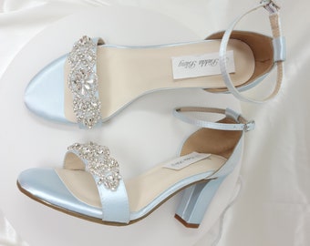 Baby Blue Wedding Shoes Crystal Applique Design Chunky Heels Baby Blue Block Heel Wedding Shoes OVER 100 COLORS Blue Wedding Shoes