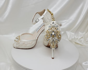 Ivory Lace Wedding Shoes Sparkling Gold Crystal Back and Front Design Ivory Lace Bridal Shoes Lace Bridesmaid Shoes - Over 100 Color Choices