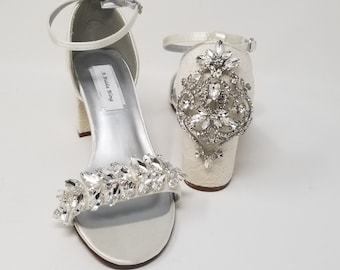 Ivory Bridal Shoes White Wedding Shoes Chunky Heels Ivory Wedding Shoes Lace Bridal Shoes with Pearls and Crystals - PICK FROM 100 COLORS