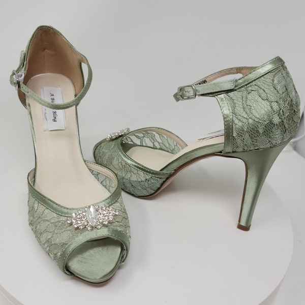 Sage Green Wedding Shoes Crystal Design Sage Green Bridal Shoes Lace Wedding Shoes Lace Bridal Shoes - Over 100 Color Choices to Pick From