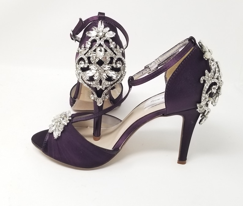 Eggplant Purple Bridal Shoes with Crystals Front and Back Etsy