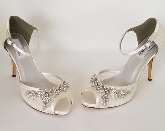 Ivory Lace Wedding Shoes with Sparkling Crystal Vine Design Ivory Lace Bridal Shoes Lace Bridesmaid Shoes - Over 100 Color Choices