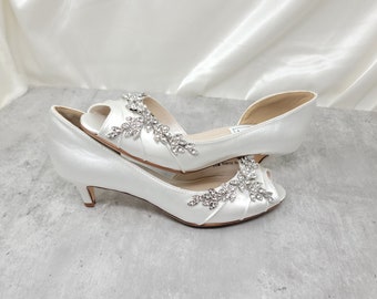 White Wedding Shoes with Crystal Vine Design Ivory Bridal Shoes  White Kitten Heel Bridal Shoes  100 COLORS Ivory Low Heels For Bride