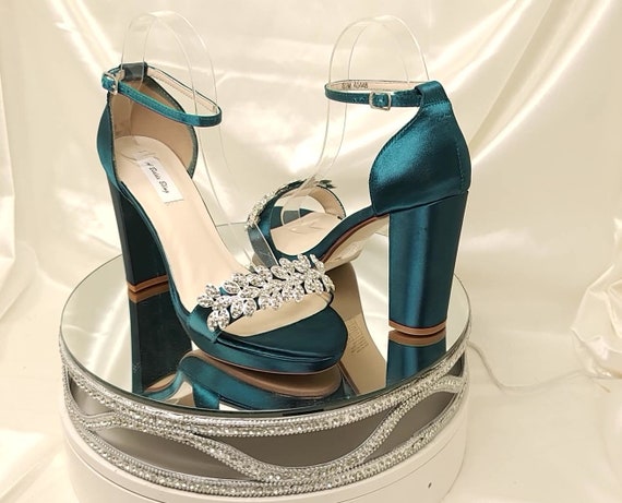 Teal Velvet Prom Shoes Open Toe Ankle Strap Block Heel Sandals|FSJshoes