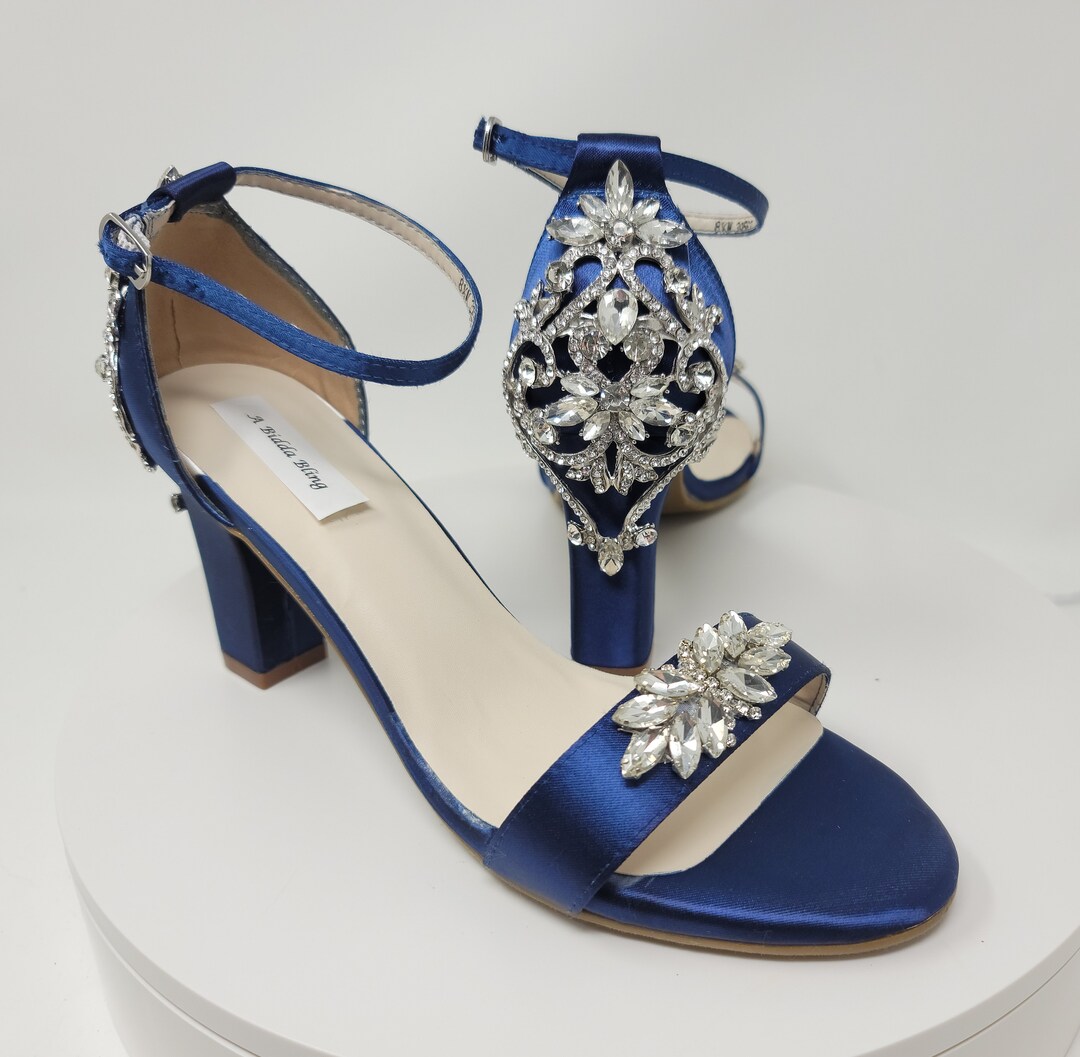 Navy Blue Block Heels With Crystal Design Blue Wedding Shoes - Etsy