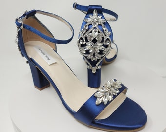 Navy Blue Block Heels with Crystal Design Blue Wedding Shoes Blue Chunky Heels Blue Bridal Shoes 100 COLORS Navy Bridal Shoes