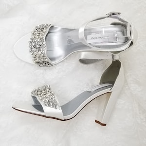 White Wedding Shoes with Chunky Heels Crystal and Pearl Design Over 100 COLORS White Bridal Sandals with Bock Heel  White Bridal Shoes Bling