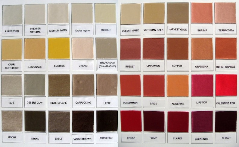 May include: A color chart with 48 different shades of paint, organized in rows and columns. The colors range from light ivory to dark brown, and from red to burgundy. The names of each color are listed below each swatch.
