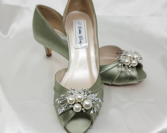 Sage Bridal Shoes with Crystal and Pearl Design Sage Green Wedding Shoes 100 COLORS Sage Green Kitten Heel Sage Green Bridal Heels Sage Shoe