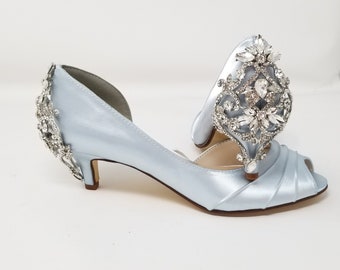 Baby Blue Bridal Shoes Crystal Back Baby Blue Wedding Shoes Blue Kitten Heels 100 Colors Dyeable Bridal Shoes Blue Bridal Peep Toe Heels
