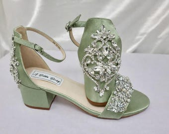 Sage Green Wedding Shoes Sage Green Block Heels Sage Green Chunky Heels Sage Green Bridal Sandals Crystal and Pearl Design 100 COLOR Options