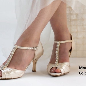 Ivory T-Strap Bridal Shoes with Crystal Design Ivory Bridal Heels Ivory Wedding Shoes Ivory Bridal Shoes OVER 100 COLORS