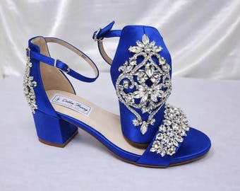 Royal Blue Wedding Shoes Royal Blue Block Heels Sapphire Blue Chunky Heels Sapphire Blue Bridal Sandals Crystal and Pearl Design