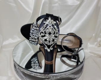 Black Block Heels Crystal and Pearl Design 100 COLORS Black Dress Shoes Black Bridal Sandals with Chunky Heel Black Heels with Bling