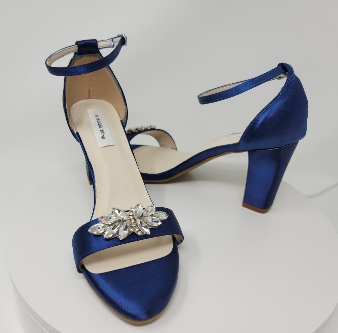 Navy Blue Block Heels With Crystal Applique Navy Blue Wedding Shoes