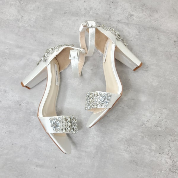 White Bridal Shoes with Chunky Heels Crystal and Pearl Design 100 COLORS Ivory Bridal Sandals with Block Heel Ivory Wedding Shoes Bling Shoe