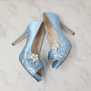 Blue Bridal Shoes Pearl and Crystal Cascading Brooch Blue Wedding Shoes Blue Bridesmaid Shoes - Over 100 Color Choices