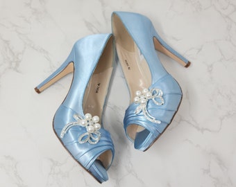 Blue Bridal Shoes Pearl and Crystal Cascading Brooch Blue Wedding Shoes Blue Bridesmaid Shoes - Over 100 Color Choices