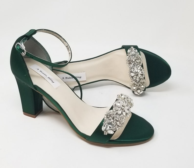 Hunter Green Wedding Shoes Crystals Chunky Heels Hunter