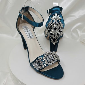 Teal Block Heels with Pearl and Crystal Design Teal Chunky Heels 100 COLORS Teal Bridal Sandals Teal Bridal Shoes Teal Bridal Heels