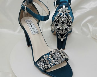 Teal Block Heels with Pearl and Crystal Design Teal Chunky Heels 100 COLORS Teal Bridal Sandals Teal Bridal Shoes Teal Bridal Heels