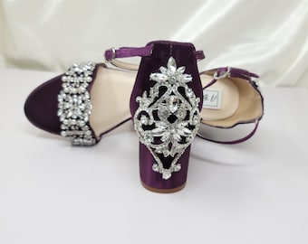Purple Block Heels for Bride 100 COLORS Purple Chunky Heels Purple Bridal Sandals Crystal and Pearl Purple Bridal Shoes Purple Wedding Shoes