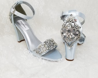 Chunky Heels Over 100 COLORS Blue Bridal Sandals Crystal and Pearl Design Blue Bridal Shoes Blue Wedding Shoes Ivory Bridal Shoes Block Heel