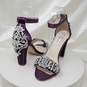 Eggplant Purple Block Heels Over 100 COLORS Eggplant Purple Bridal Sandals Crystal Pearl Design Eggplant Purple Wedding Shoes