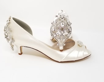 Ivory Wedding Shoes with Crystal Back Design Ivory Bridal Shoes Ivory Kitten Heels Additional 100 COLOR CHOICES Ivory Bridesmaid Shoes