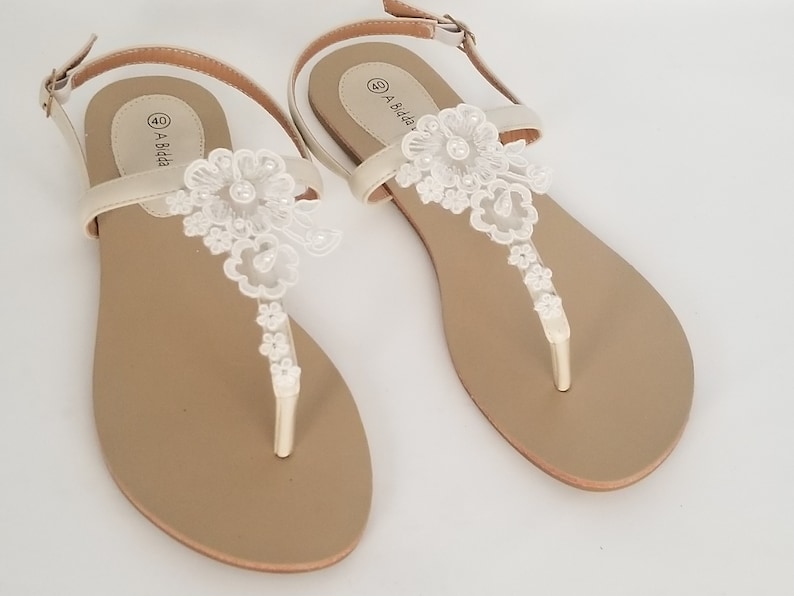 Ivory Bridal Sandals With Lace And Pearls Destination Wedding Etsy