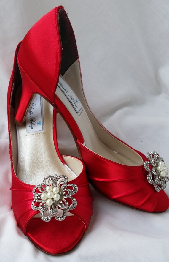 Red Wedding Shoes Red Bridal Shoes Crystal And Pearl Flower Etsy