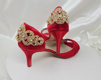 Red Wedding Shoes with Sparkling Gold Crystal Back Design Red Bridal Shoes  100 Customs Red Red Bridal Heels Red Wedding Heels for Bride