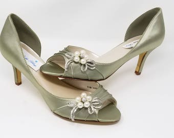 Sage Green Wedding Shoes Sage Green Bridal Shoes Pearl and Crystal Bow -100 Additional Colors To Pick From