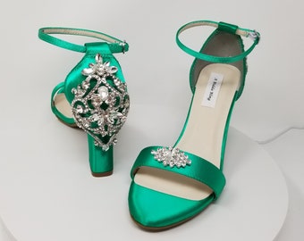 Emerald Green Bridal Shoes Chunky Heels Emerald Green Wedding Shoes Emerald Green Block Heels 100 COLORS Crystal back Design