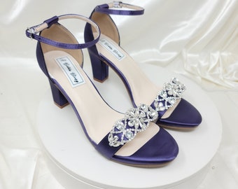 Purple Block Heel Wedding Shoes Crystal Design Purple Chunky Heels Purple Bridal Shoes or 100 COLORS Grape Purple Bridal Heels for Bride