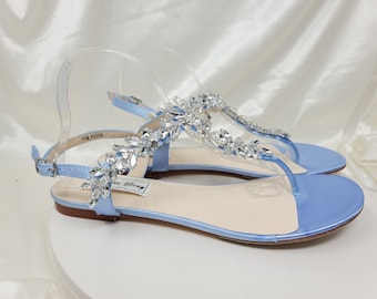 Blue Wedding Sandals Blue Bridal Sandals with Crystals Destination Wedding Sandals Flat Heel Bridal Sandals 100 Colors Beach Wedding Shoes