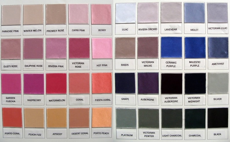 May include: A color chart with 48 fabric swatches, each labeled with a color name. The swatches are arranged in rows and columns, with the colors ranging from pink to purple to black.