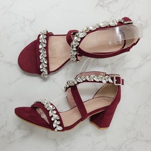 Burgundy Wedding Bling Shoes Burgundy Bridal Shoes Sparkling Crystals Burgundy Bridal Heels Burgundy Wedding Heels Burgundy Block Heels image 1