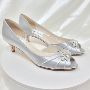 Silver Wedding Shoes with Crystal Applique Silver Bridal Shoes OVER 100 COLORS Silver Kitten Heels Silver Bridal Heels Silver Wedding Heels