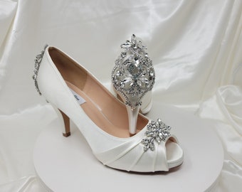 Ivory Wedding Shoes White Wedding Shoes Sparkling Crystal Back and Front Design Ivory Bridal Shoes White Bridal Shoes Ivory Bridal Heels