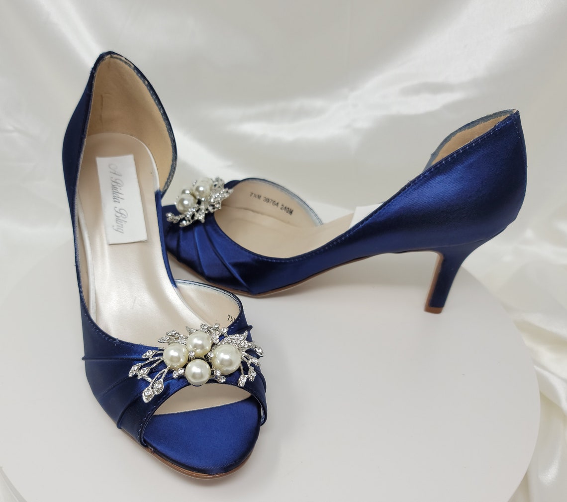 Navy Blue Wedding Shoes Crystal and Pearl Cascade Design Navy - Etsy