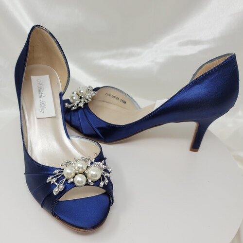 Navy Blue Wedding Shoes Crystal and Pearl Cascade Design Navy Blue Bridal Shoes Blue Wedding Shoes Over 100 Colors Navy Bridesmaid Shoes