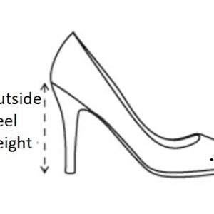 May include: A black and white line drawing of a high-heeled shoe. The drawing shows the outside heel height of the shoe.