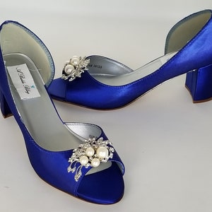 Royal Blue Wedding Shoes Block Heel Crystal and Pearl Cascade Design Cobalt Blue Bridal Shoes Chunky Heel Blue Bridesmaid Shoes - 100 Colors