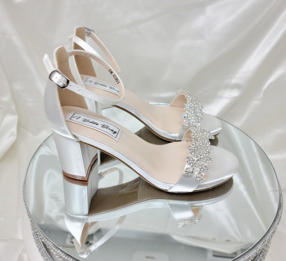 Buy White Block Heel Bridal Shoes Crystal Design White Chunky