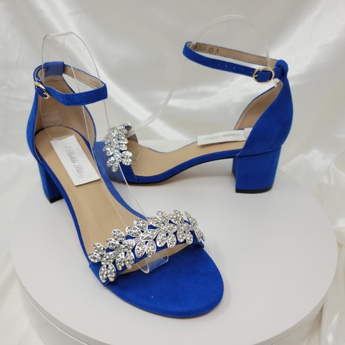 Chunky Heels Blue Bridal Sandals Crystal Flower Design Blue | Etsy