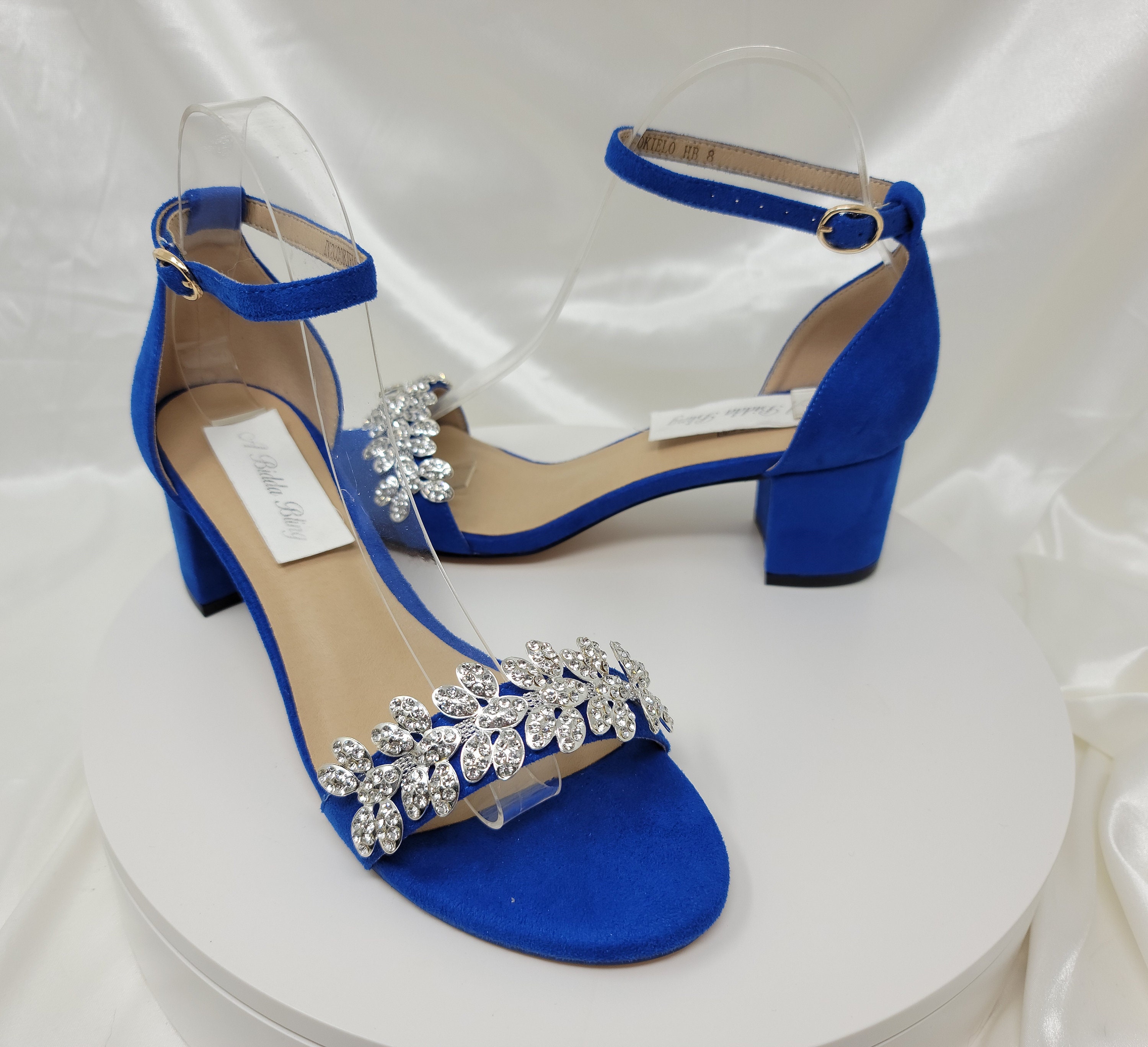 Chunky Heels Blue Bridal Sandals Crystal Flower Design Blue - Etsy