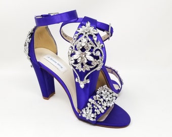 Purple Bridal Shoes Purple Chunky Heels 100 COLORS Purple Bridal Sandals Crystal and Pearl Design Purple Wedding Shoes Ivory Block Heels
