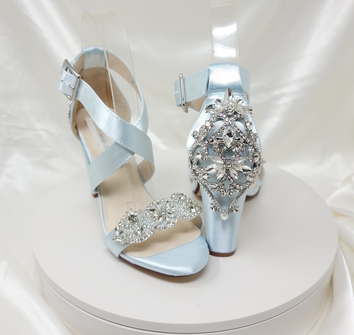 Baby Blue Wedding Shoes All Crystal Design Chunky Heels Cross image 1